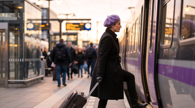 Woman in a purple beret boarding a train at a station. Female commuter with suitcase stepping onto public transit during golden hour. Travel and transportation concept