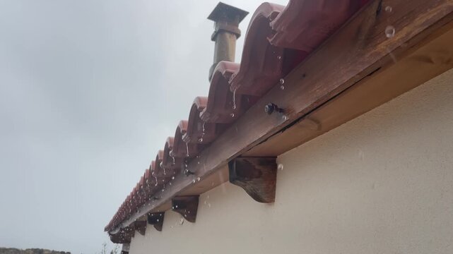 Raindrops falling from a tiled roof onto a damaged wooden beam with bare bolts, showing a broken gutter system, wet dark wood surfaces, and poor house construction. High quality 4k footage