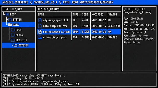 Sci-fi computer terminal screen with archive file directory and system log.