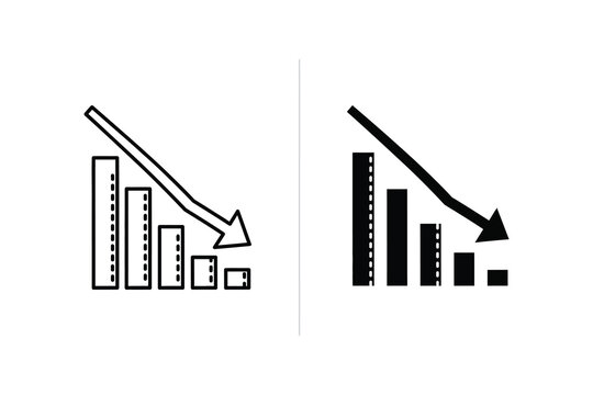 Declining bar chart trend vector line illustration with downward arrow comparison