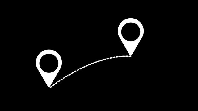 Two location pin icons connecting with a white dashed route line animation on a solid black background representing map navigation GPS tracking and destination travel