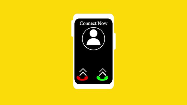 Incoming connect now call animation on smartphone screen with user avatar icon and decline or accept buttons on yellow background.