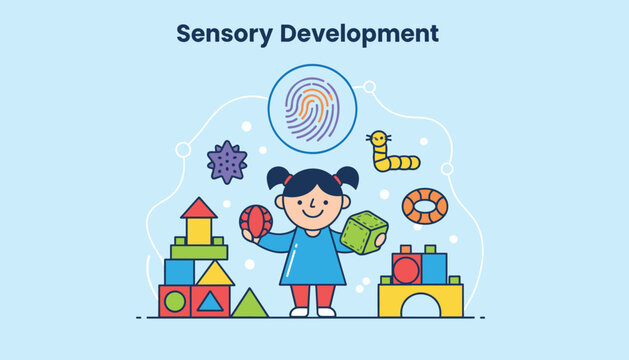 Educational concept highlights children sensory development using geometric toy blocks, tactile games, and brain stimulation.