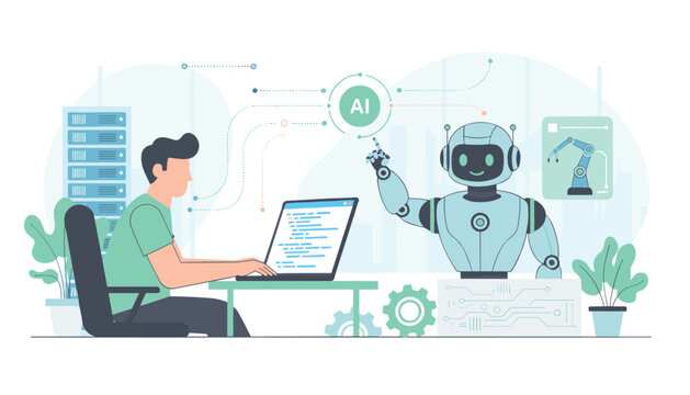 Software programmer collaborates with a robotic assistant to develop advanced artificial intelligence applications on a laptop.