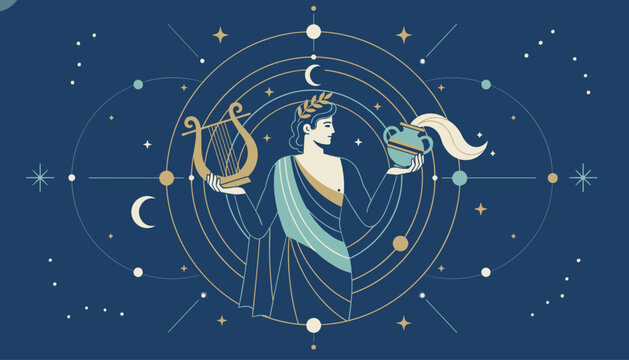 Celestial Aquarius figure holds a classical lyre and water vase against a dark starry sky with astrological symbols.