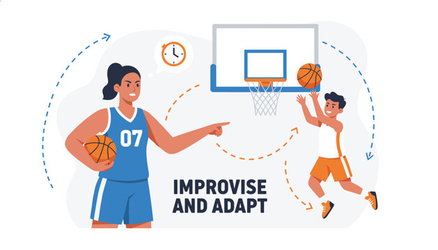 Female basketball coach in blue jersey guiding a young player on court with improvise and adapt strategy instruction.