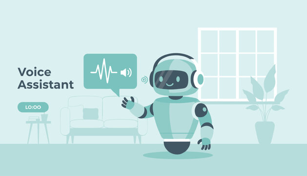 Smart voice assistant robot standing in a modern living room displaying sound wave communication speech bubble.