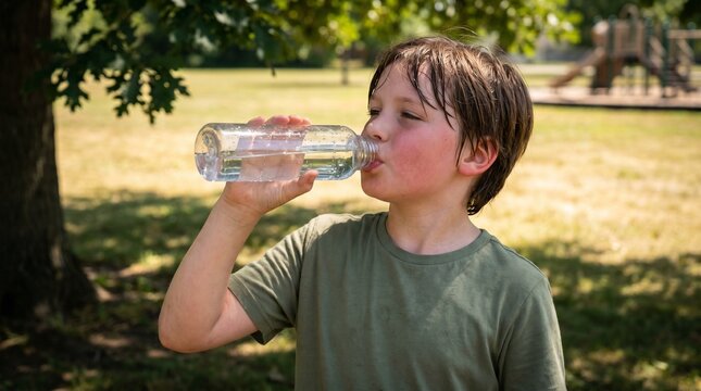 Child Drinking Water In Shaded Park During Hot Summer Play Break