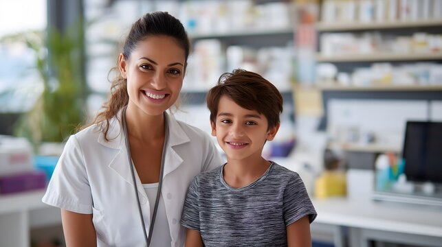 Latino female school nurse in white uniform checking young boy age 7's temperature in school health office. Both smiling with caring expressions. Medical supplies visible. School health, student care 
