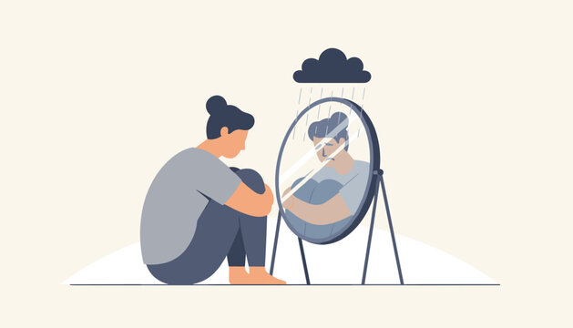 Sad young depressed woman looking her reflection in the mirror which depicts sadness with a dark rain cloud overhead.