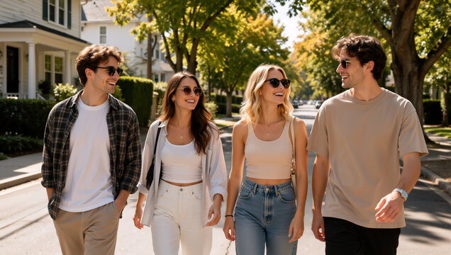 Group of four young friends walking together on a suburban street. Smiling men and women in casual clothes and sunglasses enjoying a sunny day outdoors