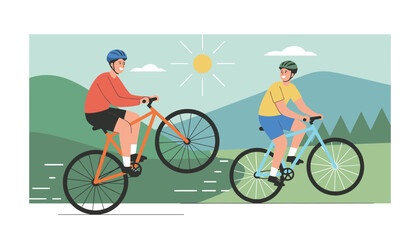Fototapeta premium Two active young men happily riding and doing tricks on their bicycles through a beautiful sunny mountain trail.