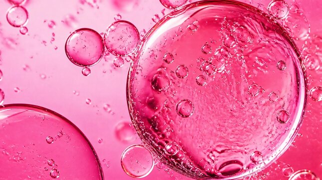 Close up of pink oil bubbles and small emulsions floating in a vibrant pink liquid