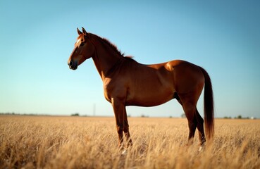 Obraz premium Brown horse standing in a golden field under clear blue sky at sunset