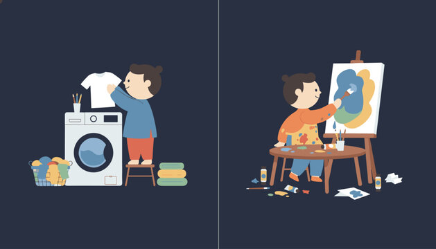 Young children developing skills by washing clothes with a machine and painting a colorful canvas on an easel.