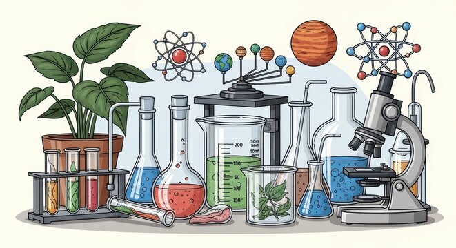 Colorful science lab equipment with microscope and plant