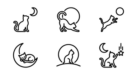 Obraz premium Cute Cat Icons, Moon and Stars Vector Set, Playful Feline Graphics for Nighttime Themes