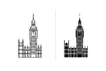 Big Ben clock tower vector illustration, line art and silhouette © Zexo