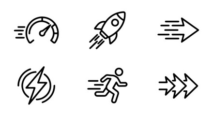 Fototapeta premium Speed Icons: Fast Performance, Rocket Launch, Running Man, Acceleration, Velocity, Motion Arrows