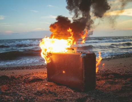 Burning vintage suitcase on beach at sunset