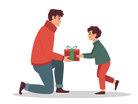 A father wearing a red sweater is giving gifts to his son on Christmas Day