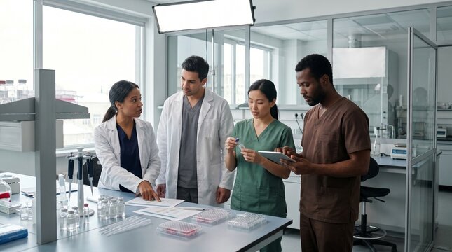 Gene Editing Research Team Reviewing Samples At Clinical Lab Bench