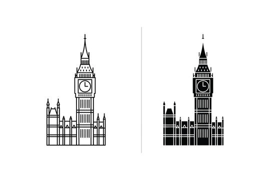 Big Ben clock tower vector illustration, line art and silhouette