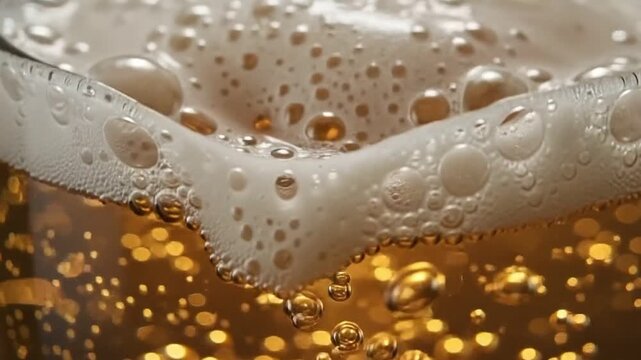 Golden beer bubbles rising foam, macro shot with  texture seamless flow