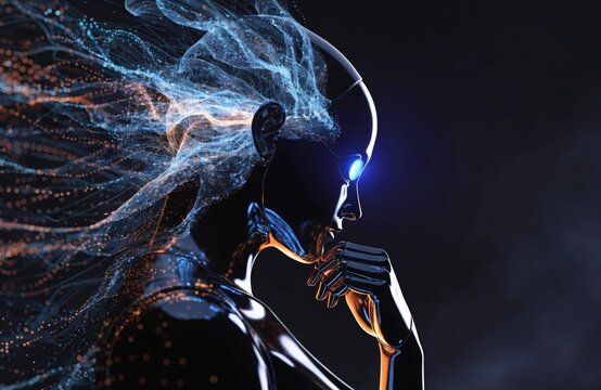 3D anthropomorphic robot in profile, thoughtful manner, digital filaments and data streams, ai thinking