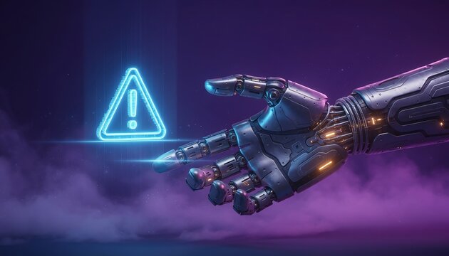Futuristic robotic mechanical hand touching a glowing holographic neon warning sign, danger of misuse of ai in future