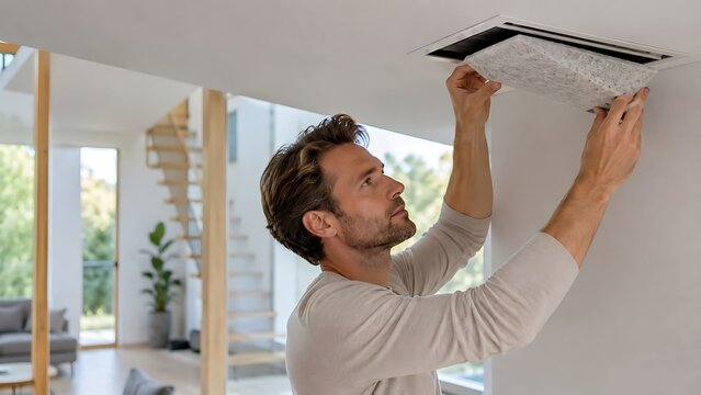 Man changing air filter in ceiling vent at home for clean air