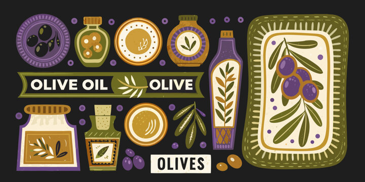 Olive oil and olives a colorful vector illustration collection