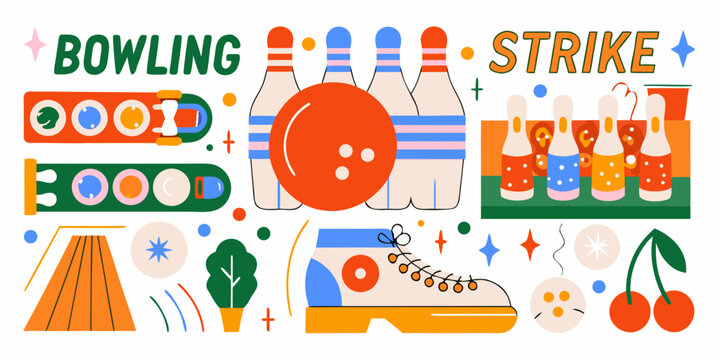 Bowling pins ball and shoes vector illustration with colorful graphic elements