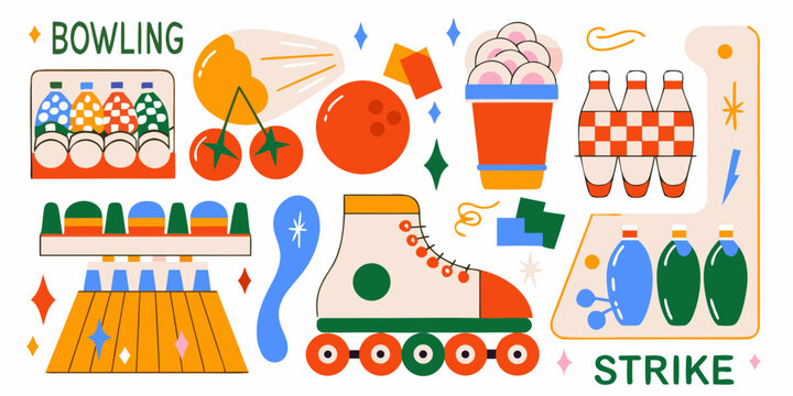 Bowling themed vector illustration with pins ball and shoes