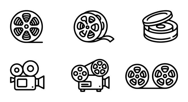 Vintage Film Reel Icons, Classic Cinema Projector Graphics, Retro Movie Camera Set, Black and White Vector Elements for Media Design
