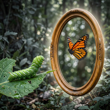 Green caterpillar looking at a beautiful orange monarch butterfly reflected inside a vintage oval wooden frame