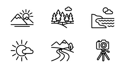 Fototapeta premium Minimalist Landscape Icons Set, Nature Scene Graphics, Outdoor Photography Elements, Simple Mountain and Forest Icons, Sunny Weather Symbols