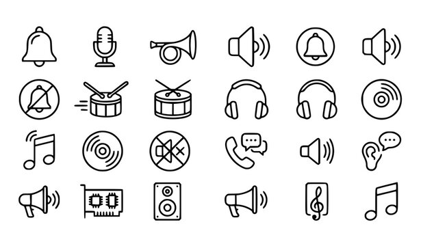 Linear Gray Audio and Communication Icons Vector Collection Featuring Music Notifications and Sound Equipment