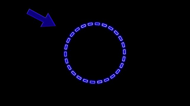 Animated highlight arrow pointing to dash blue circle rotate on transparent background. Animation 4k video