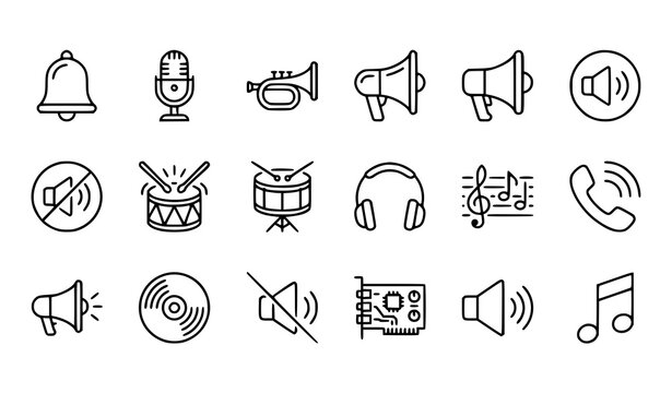Thin Line Gray Audio Notification and Music Vector Icon Set with Bell Microphone Speaker and Headphone Symbols