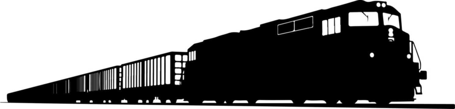 Black train silhouette, locomotive vector, railroad transportation icon, freight train