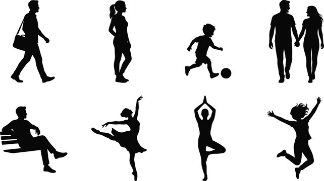 Human Activity Silhouette Set Featuring Walking Dancing Yoga Sports and Lifestyle Poses