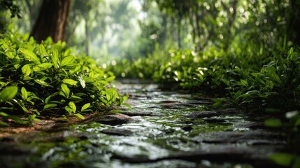 Fototapeta premium Enchanted Forest Path: Serene Water Flows Among Verdant Foliage and Stone