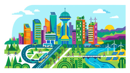 Fototapeta premium Flat design vector landscape of a modern eco-friendly 