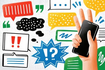 Obraz premium Hand holding smartphone surrounded by colorful speech bubbles, messages and punctuation symbols
