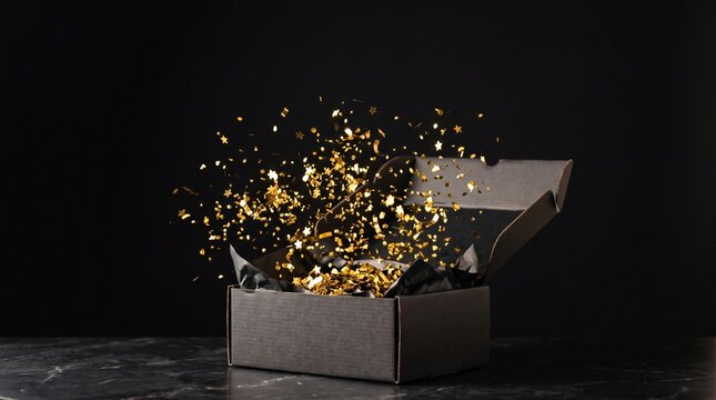 Open Gift Box Exploding with Golden Confetti and Stars on Black Background