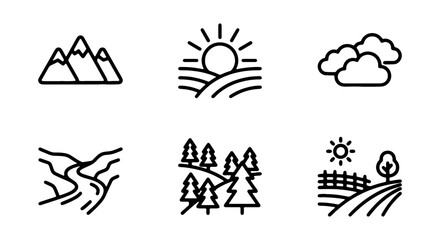 Fototapeta premium Minimalist Landscape Icons Set: Nature Scenes, Mountains, Sun, Clouds, River, Forest, Farm
