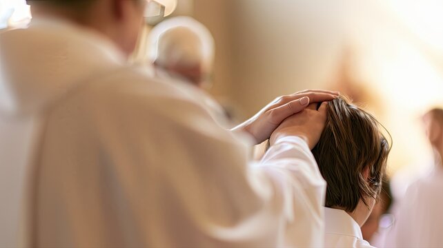 Christian Confirmation Service Blessing with Pastor Laying Hands on Young Person, Warm Church Light and Copy Space