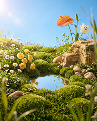 Naklejka premium Blooming Flowers and Mossy Pond Reflecting Blue Sky