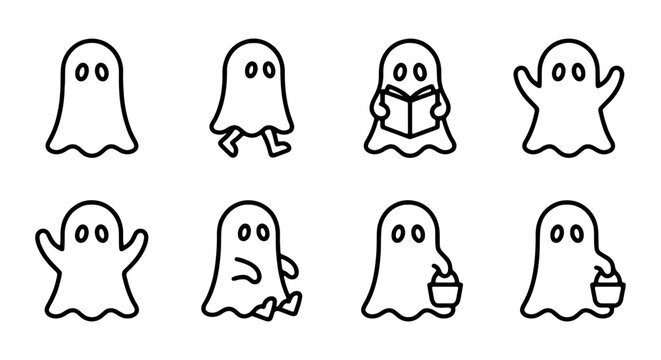 Cute Ghost Icons Set, Halloween Characters, Spooky Fun Vector Graphics, Trick or Treat Elements